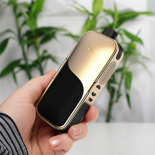 Hand holding AirVape Legacy Core vaporizer with blurred green plant background.