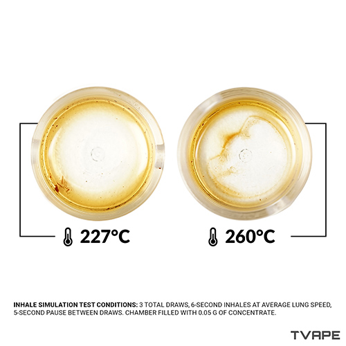 Close up image of wax in Dr. Dabber Switch Go chamber after being vaporized at lowest and highest temperature