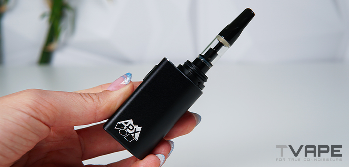 Pulsar APX Volt V3 in a hand with a 510 thread cartridge in it