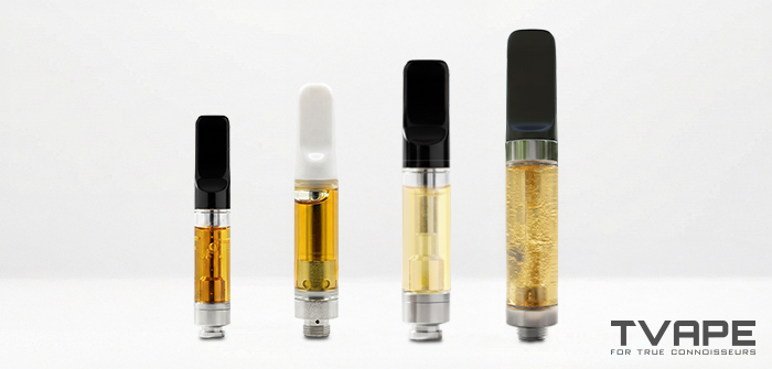 Comparison of different 510 thread vape cartridges in various sizes and designs, showing oil-filled cannabis cartridges for 510 thread batteries.