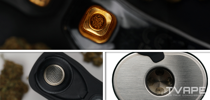 A close-up photo of the different heating chambers in dry herb vaporizers (conduction/convection/hybrid)