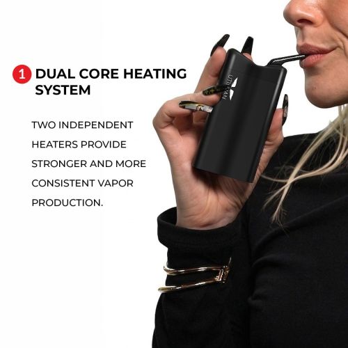 Woman using Utillian 850 vaporizer with dual core heating system highlighted – two independent heaters for stronger and more consistent vapor production