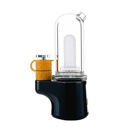 An angled front view of the black Bomb Sykloud E Rig, featuring its clear glass top and distinctive heating chamber in orange color, against a white background.
