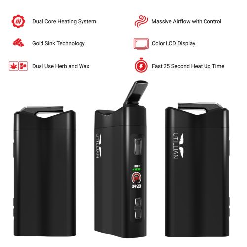 Utillian 850 dry herb vaporizer shown from front, side, and back angles with key features listed: dual core heating system, gold sink technology, color LCD display, dual use herb and wax, massive airflow with control, and 25-second heat up time