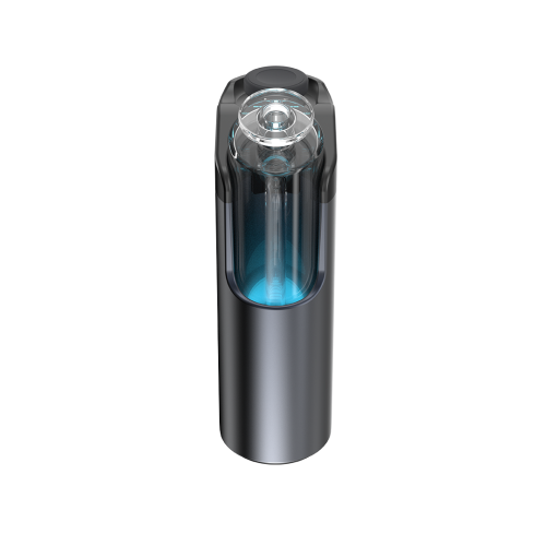 Dr. Dabber Switch Go induction heating E-Rig with the integrated glass water attachment glowing with a blue LED temperature indicator.