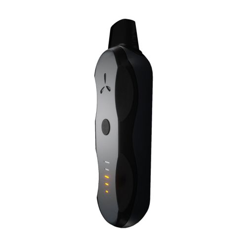 Slim side profile of the AirVape XS Go standing upright, highlighting its curved ergonomic body.