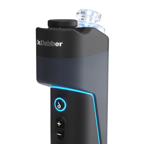 Dr. Dabber Switch Go portable e-rig front view with illuminated LED power button and clear glass bubbler attachment