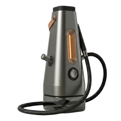 AirVape Enso 2026 electric shisha in dark titanium with wrapped vapor hose and leather strap
