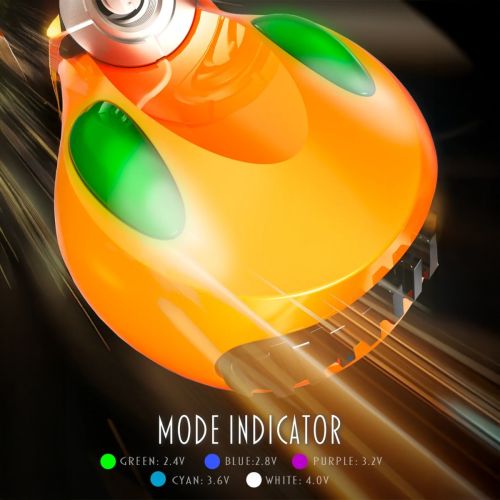Orange Lookah FF1 510 thread battery with green mode indicators, dynamic light-streaked background, variable voltage settings.