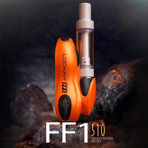 Vibrant orange Lookah FF1 510 thread battery with clear cartridge on dark volcanic background, branding and model text.