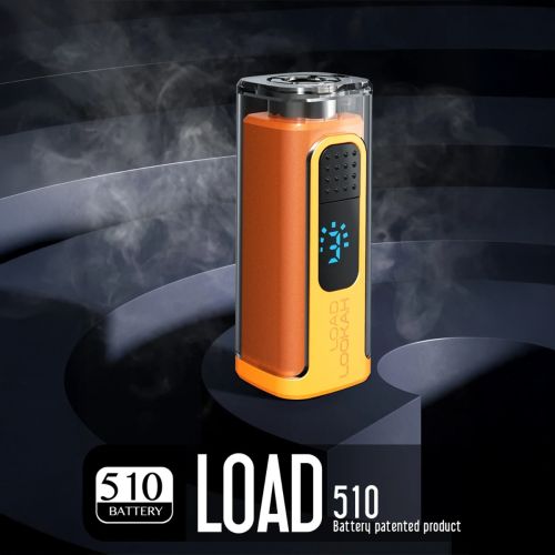 Lookah Load 510 thread battery in orange, transparent top revealing internal components, illuminated blue LED screen displaying power status, ergonomic design ideal for portable cannabis vaping.