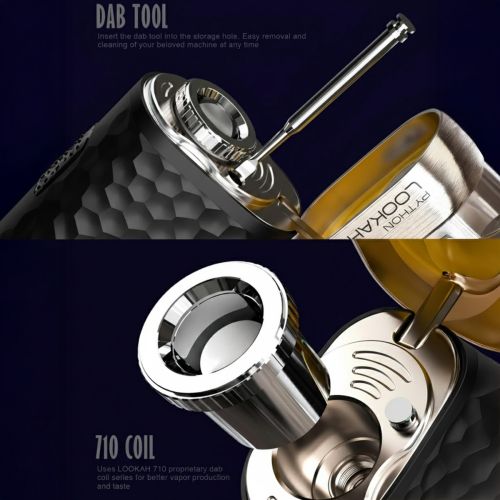 Lookah Python dab pen close-up, featuring dab tool inserted into storage hole for easy removal and cleaning, uses 710 proprietary coils for enhanced vapor production and taste in portable dabbing.