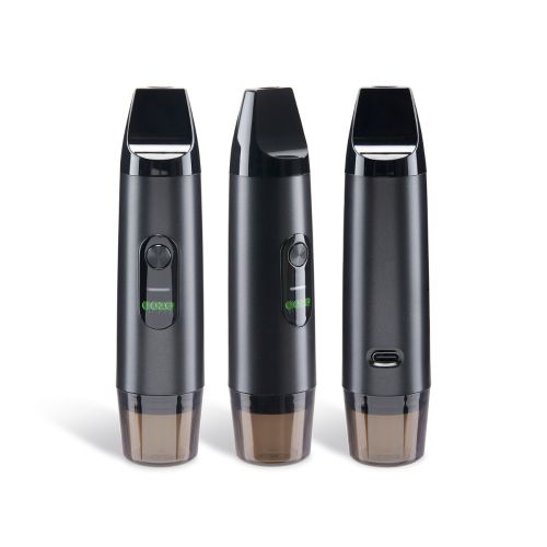 Angled view of the black Ooze Booster vaporizer