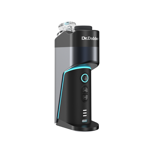Front view of the Dr. Dabber Switch Go electric dab rig, displaying its three-button interface, LED indicators, Dr. Dabber logo and USB-C charging port.