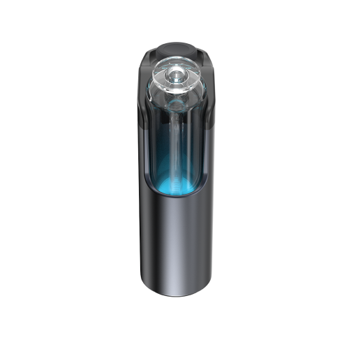 Dr. Dabber Switch Go induction heating E-Rig with the integrated glass water attachment glowing with a blue LED temperature indicator.