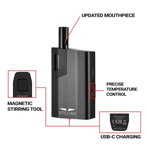 utillian 621 with mouthpiece, temperature control buttons, magnetic stirring tool and USB-C charging port