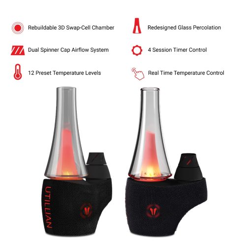 Utillian 8 Turbo E-Rig features overview with rebuildable 3D Swap-Cell Chamber, redesigned glass percolation, dual spinner airflow, 12 temperature levels, and session timer controls