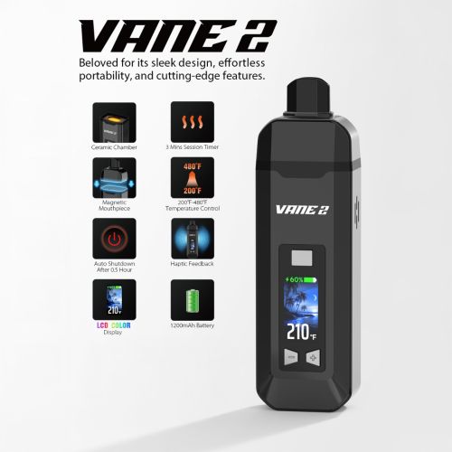 Yocan Vane 2 vaporizer with its prominent features, including 3-minute session timer, 200-480°F temperature control, 1200mAh battery, and haptic feedback