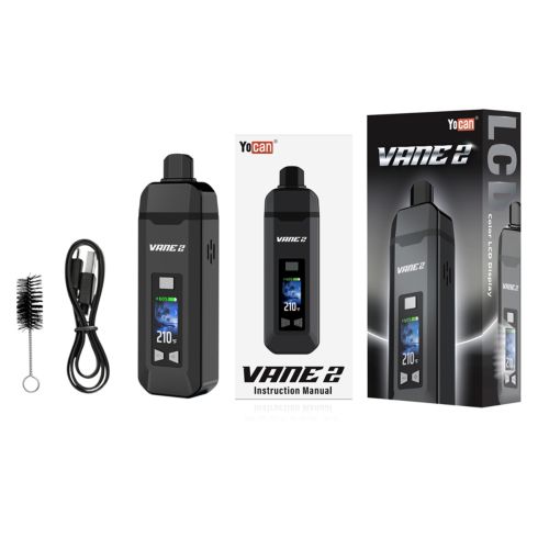 Yocan Vane 2 vaporizer packaging with device, USB cable, cleaning brush, and instruction manual