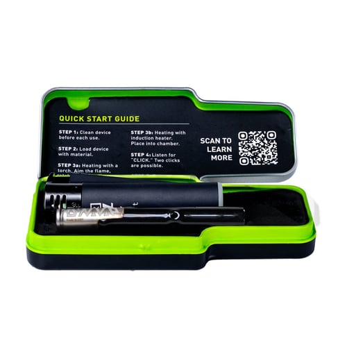 Dynavap G3 inside its tin case with a torch