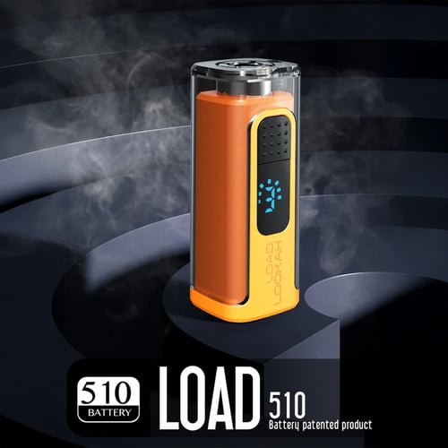 Lookah Load 510 thread battery in orange, transparent top revealing internal components, illuminated blue LED screen displaying power status, ergonomic design ideal for portable cannabis vaping.