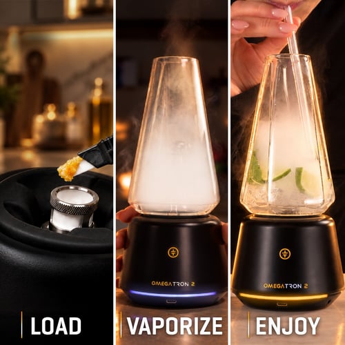 How to use the Omegatron 2 vapor cup: load wax into the chamber, vaporize into the glass cup, sip through a glass straw with citrus garnish