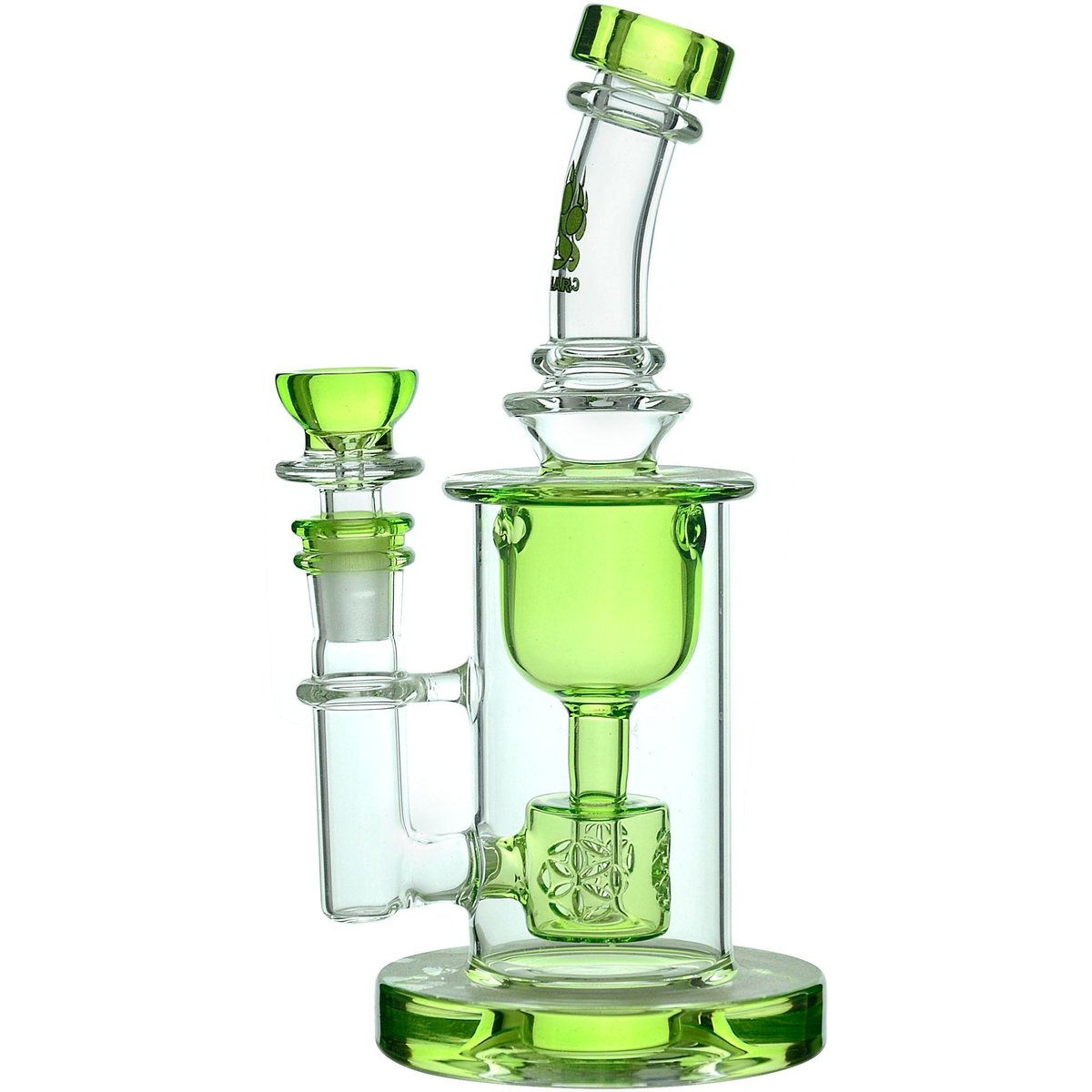 Calibear Seed of Life Torus Can Dab Rig in clear and green glass with bent neck, bowl, round base, and Seed of Life percolator.