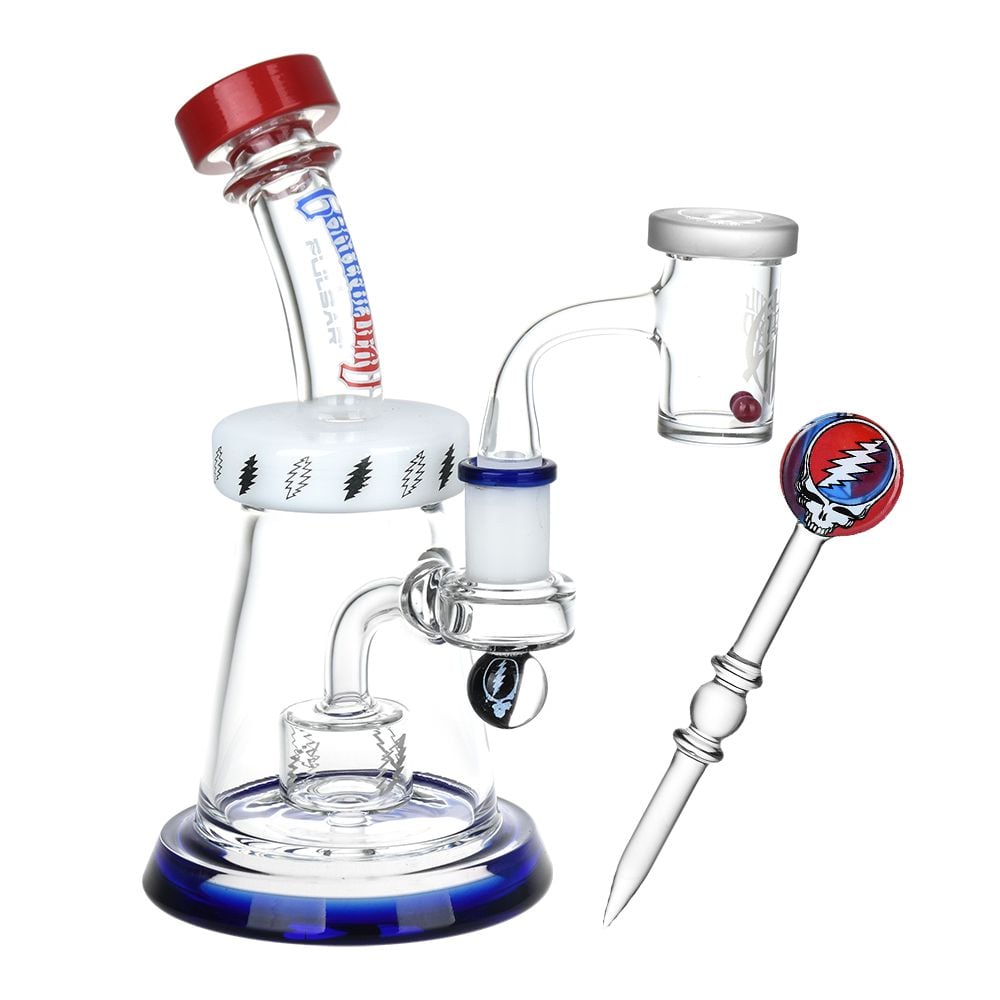 Grateful Dead x Pulsar Lightning Bell Dab Rig with blue base, red mouthpiece, 14 mm banger, terp pearls, and matching dab tool.