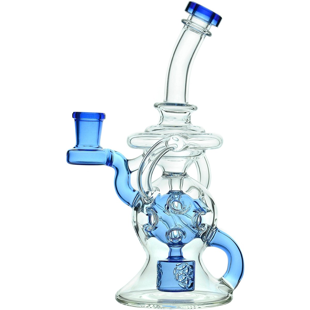 Calibear Infinity Loop Klein Recycler in clear and blue glass with bent neck, looped recycler tubes, and Seed of Life percolator.