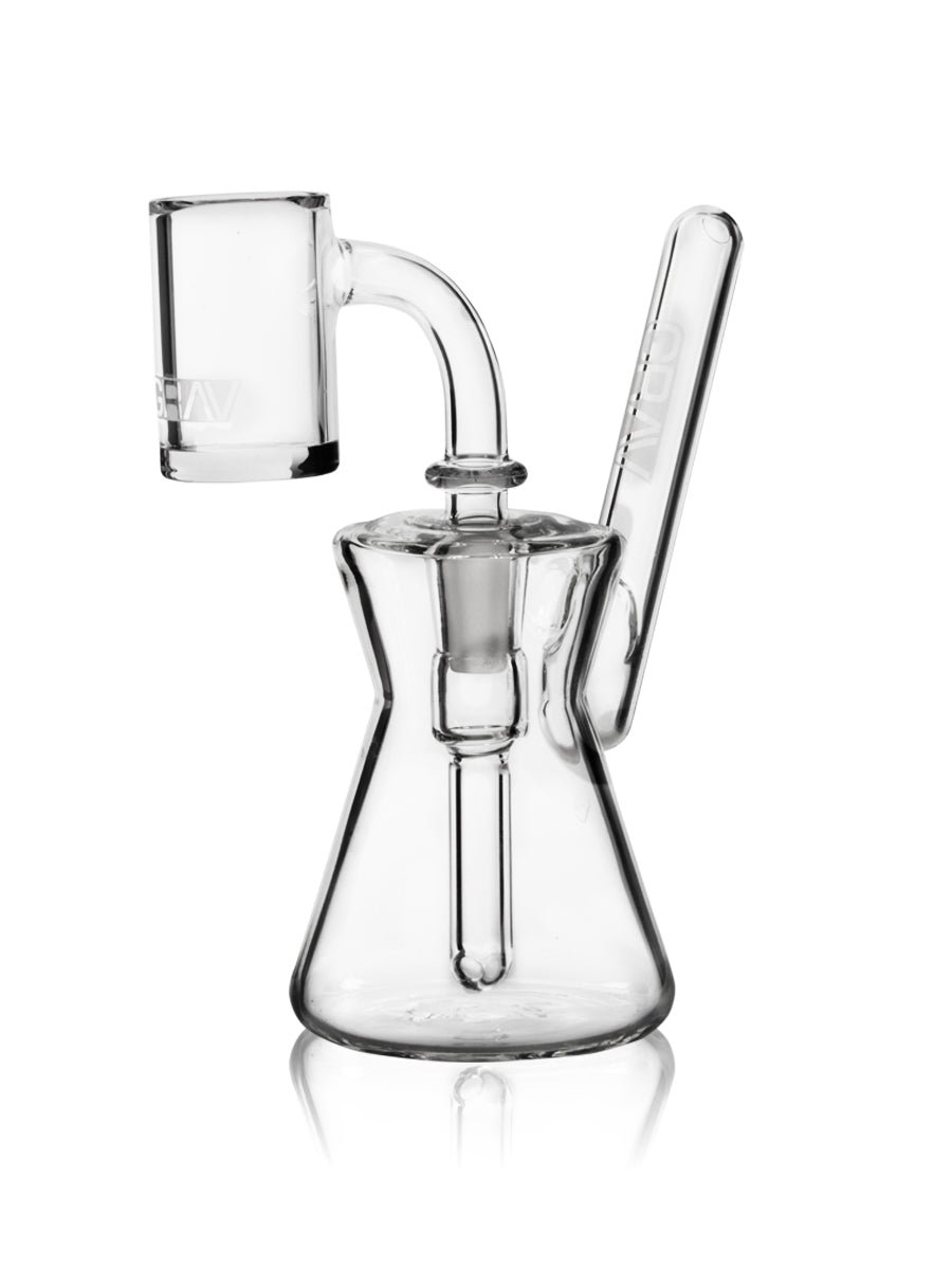 GRAV Hourglass Pocket Bubbler Rig in clear glass with hourglass chamber, angled mouthpiece, downstem, and quartz banger.