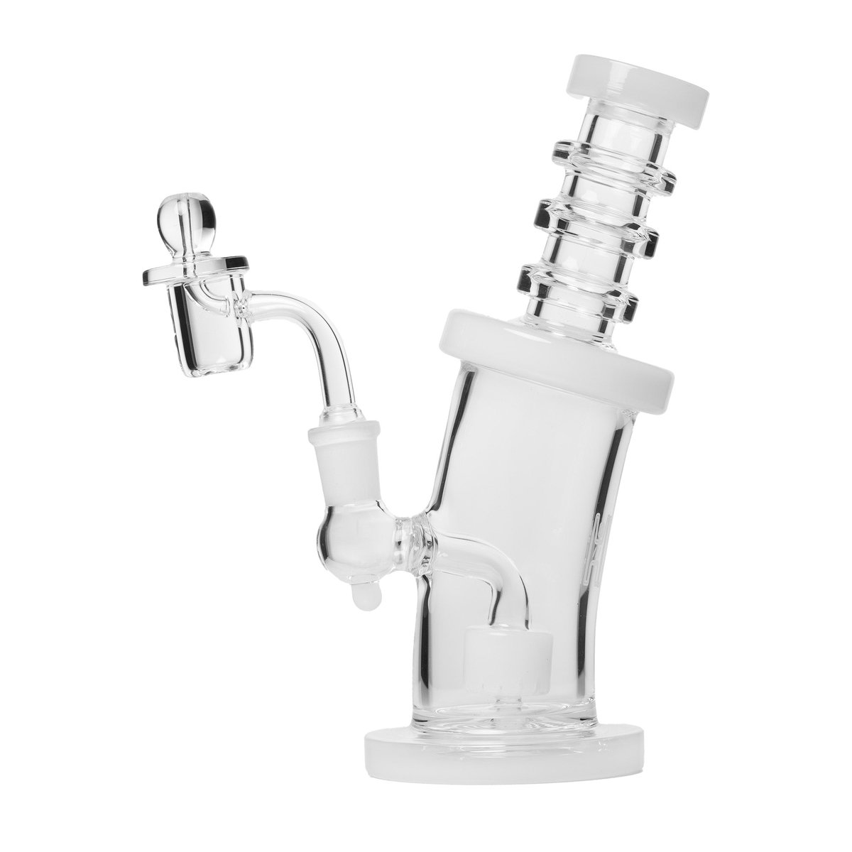 Human Grade 8" Bent Neck Dab Rig in clear glass with ringed angled mouthpiece, showerhead percolator, quartz banger, and carb cap.