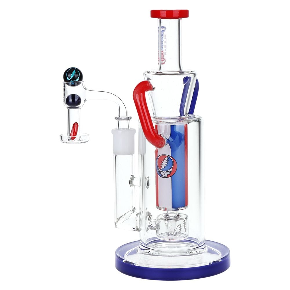 Grateful Dead x Pulsar Cascade Waterfall Recycler Rig in clear glass with red, blue and white accents, Steal Your Face logo, terp slurper banger, and recycler tubes.
