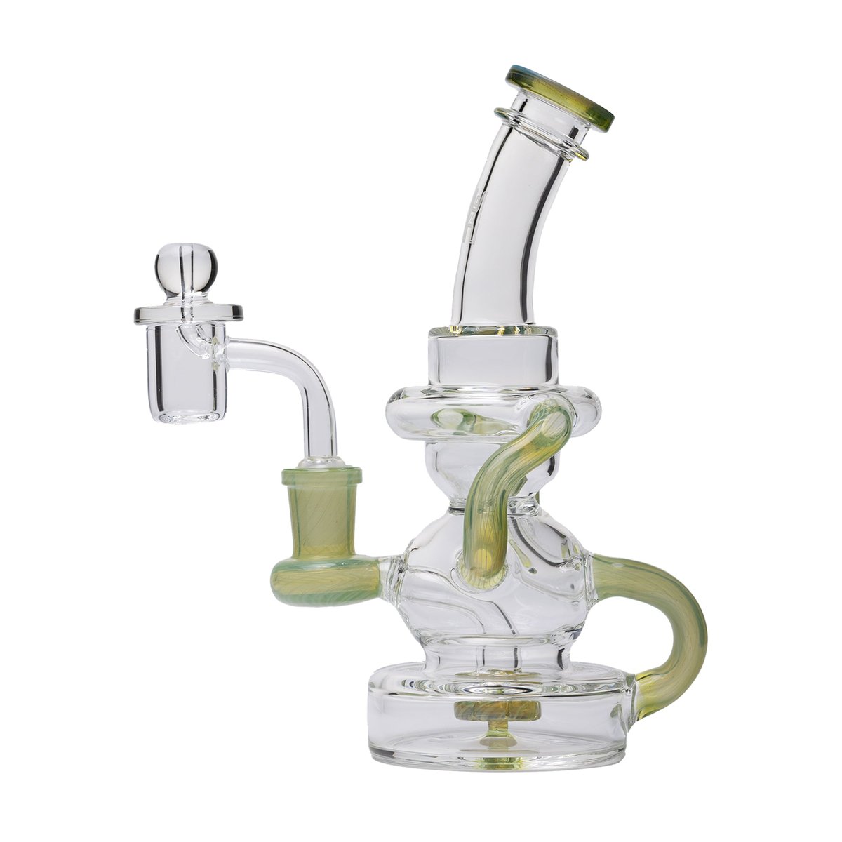 Human Grade Stubby Klein Recycler Rig in clear and green glass with curved mouthpiece, recycler tubes, quartz banger, and carb cap.