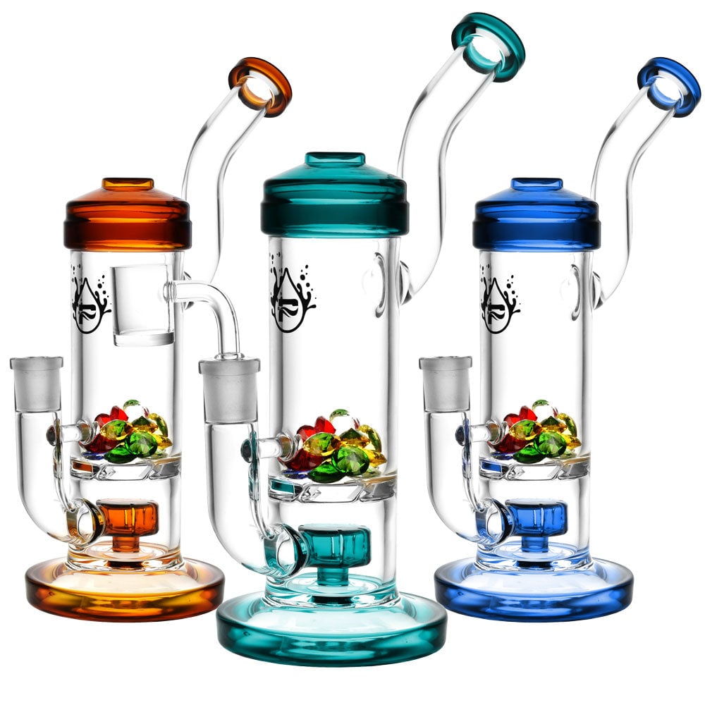 Pulsar Hidden Gems French Press Rig in clear glass with colorful accents, tall cylindrical chamber, angled mouthpiece, 14 mm banger, and French press-style percolator.
