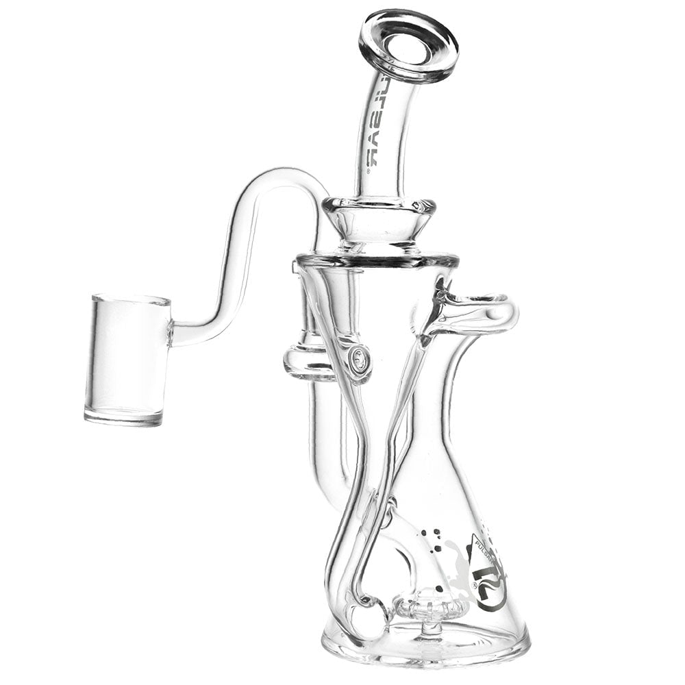 Pulsar Opposed Cones Recycler Dab Rig in clear glass with curved mouthpiece, dual-cone body, recycler tubes, and 14 mm banger.