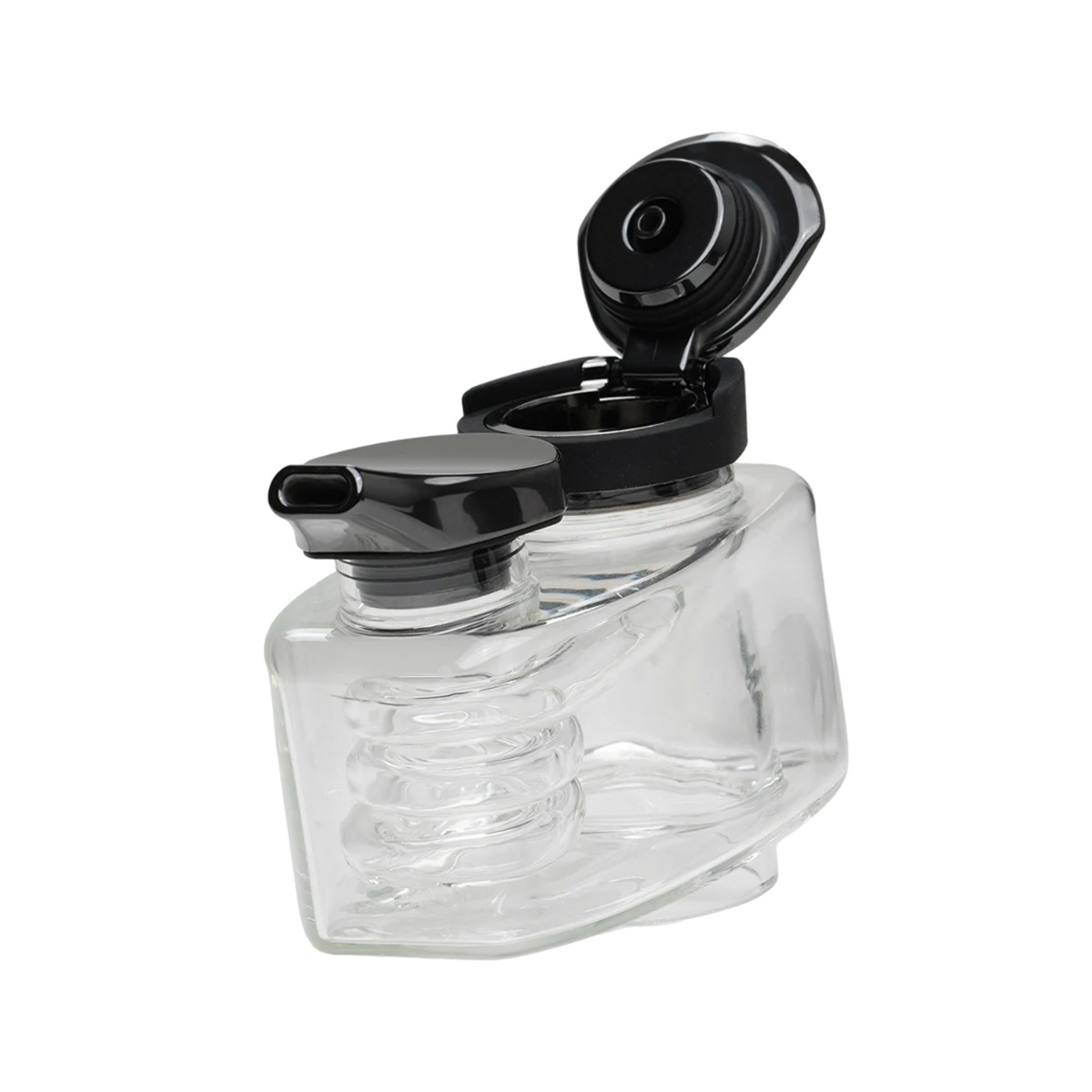 Side view of the DaVinci EQ Jacuzzi Bubbler, a clear borosilicate glass water chamber with its hinged black carb cap flipped open.