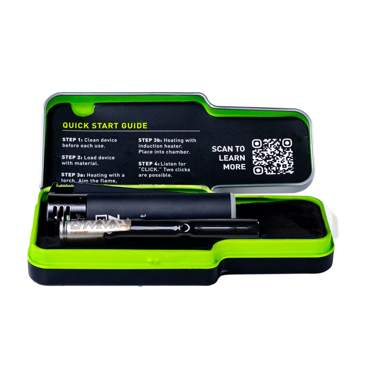 Dynavap G3 inside its tin case with a torch