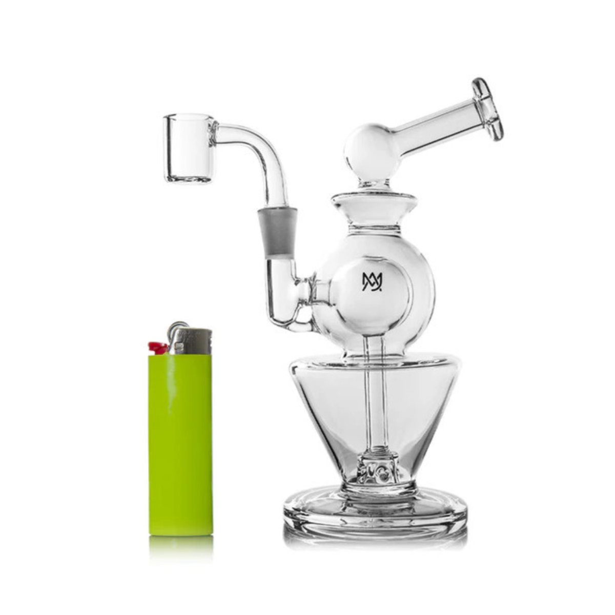 Side view of MJ Arsenal Gemini Mini Dab Rig with a quartz banger, next to a lighter.