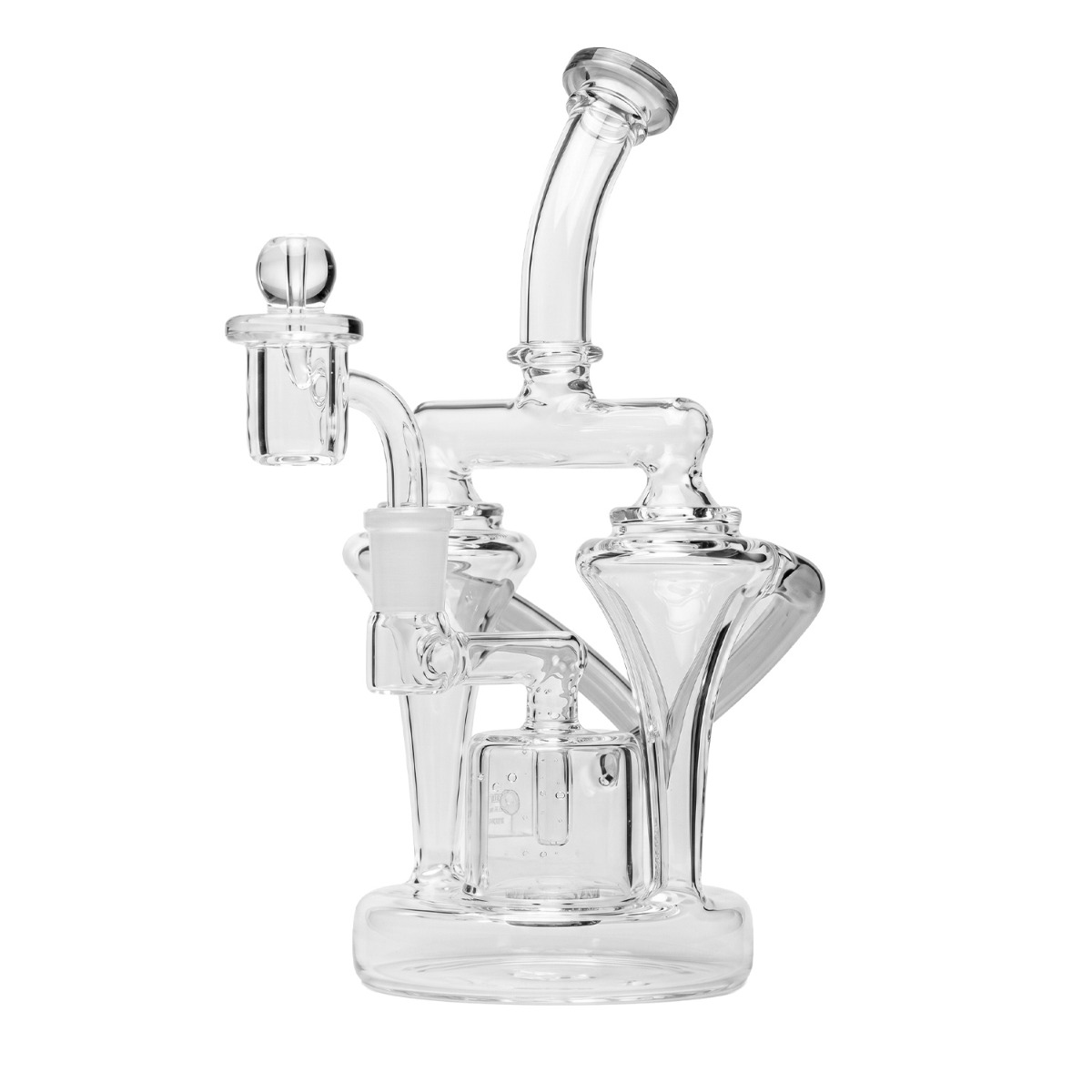 Human Grade Dualing Recycler Glass Rig in clear glass with bent mouthpiece, dual recycler chambers, quartz banger, and carb cap.