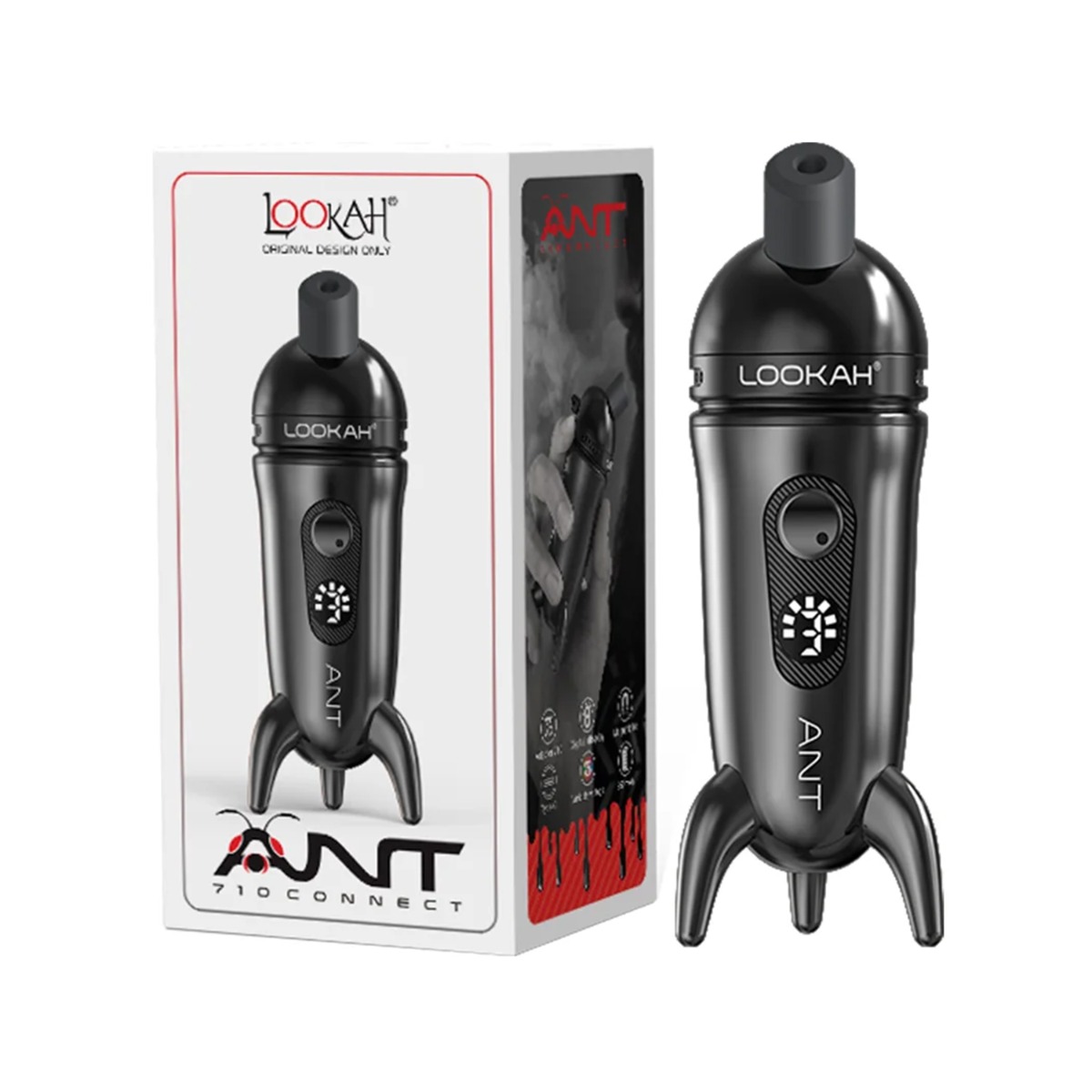 Black Lookah Ant dab pen vaporizer with its unique ant-like design and three legs, shown next to its packaging box.