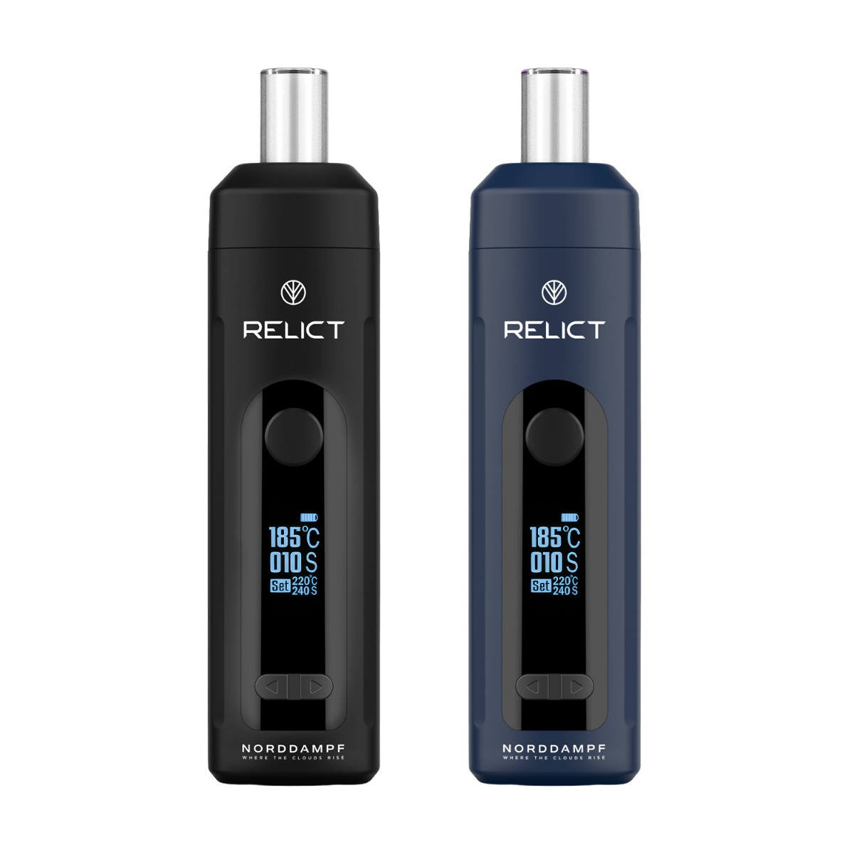 Norddampf Relict vaporizers shown in black and nordic blue color options featuring digital temperature display screens