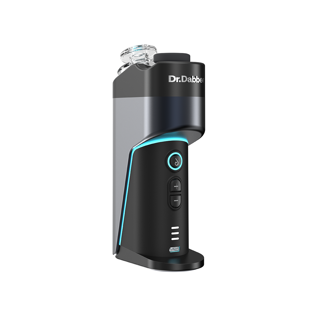 Front view of the Dr. Dabber Switch Go electric dab rig, displaying its three-button interface, LED indicators, Dr. Dabber logo and USB-C charging port.
