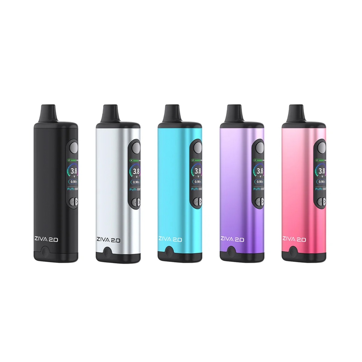 Yocan Ziva 2.0 smart concealed cartridge battery displayed in five color options including black, silver, teal, purple gradient, and pink gradient