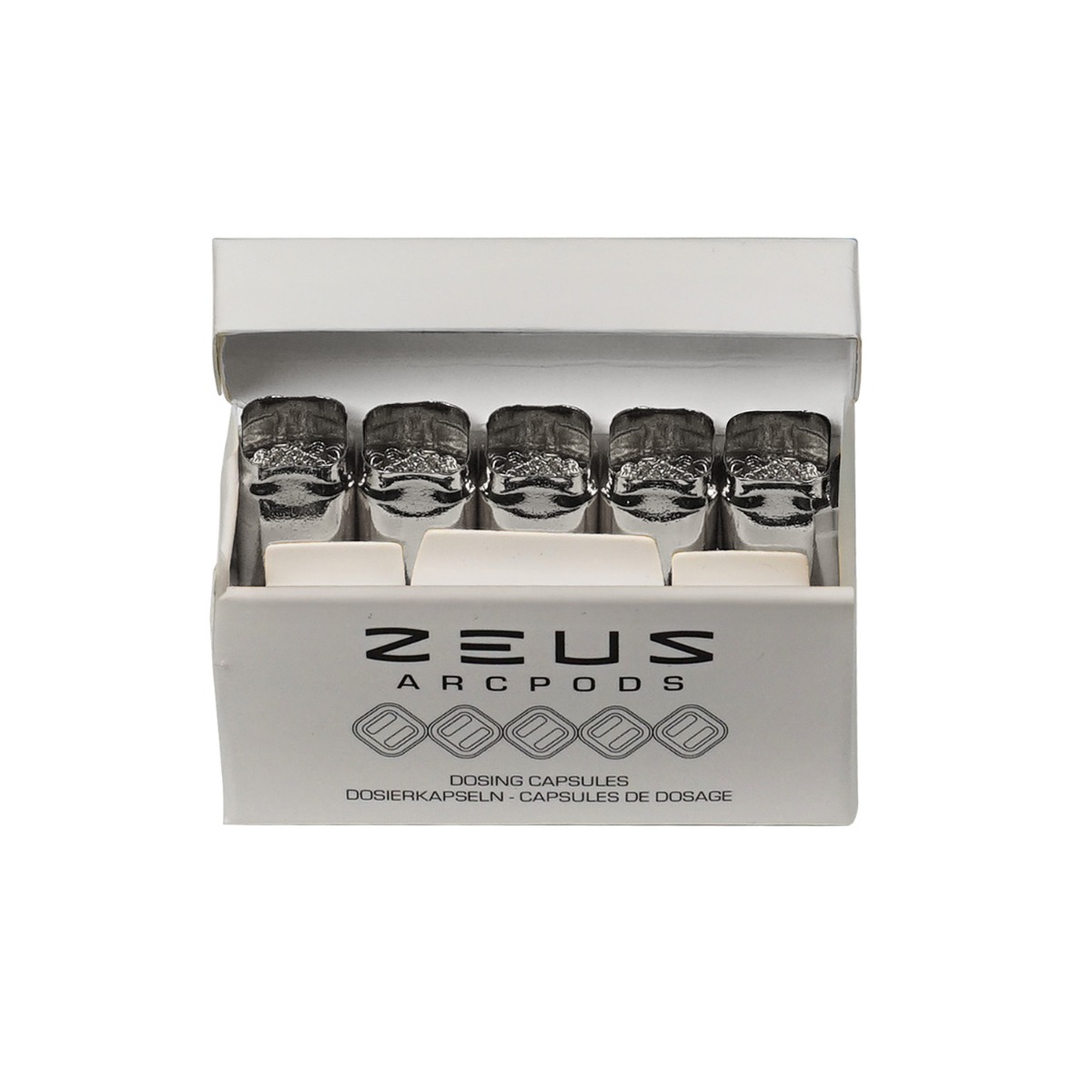Packaging box of Zeus WaxPods, displaying multiple silver cylindrical pods arranged in a row, with the "Zeus Arcpods" logo visible on the front.