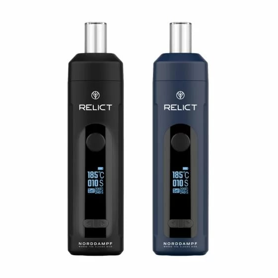 Norddampf Relict vaporizers shown in black and nordic blue color options featuring digital temperature display screens