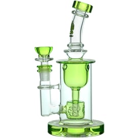Calibear Seed of Life Torus Can Dab Rig in clear and green glass with bent neck, bowl, round base, and Seed of Life percolator.