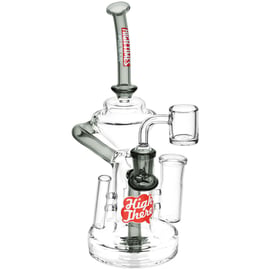 Alt text: High Times x Pulsar High There All-in-One Recycler Dab Station in clear glass with recycler tubes, angled mouthpiece, 14 mm banger, and built-in accessory storage.