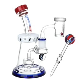 Grateful Dead x Pulsar Lightning Bell Dab Rig with blue base, red mouthpiece, 14 mm banger, terp pearls, and matching dab tool.