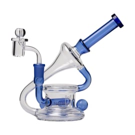 MJ Arsenal glass dab rig with blue accents, angled mouthpiece, looped tubing, quartz banger and carb cap.