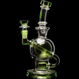 Calibear Colored Ball Flower of Life Rig in clear and green glass with round chamber, bent neck, bowl, and looped side tube.